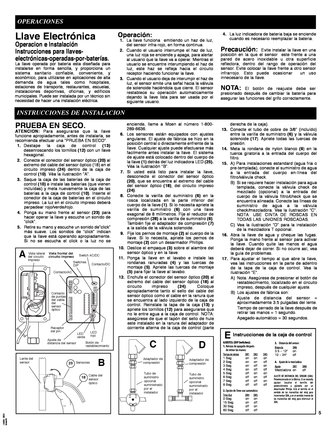 Moen 8301 manual Llave Electrónica, Operaciones, Instrucciones De Instalacion, Prueba En Seco, Operación 