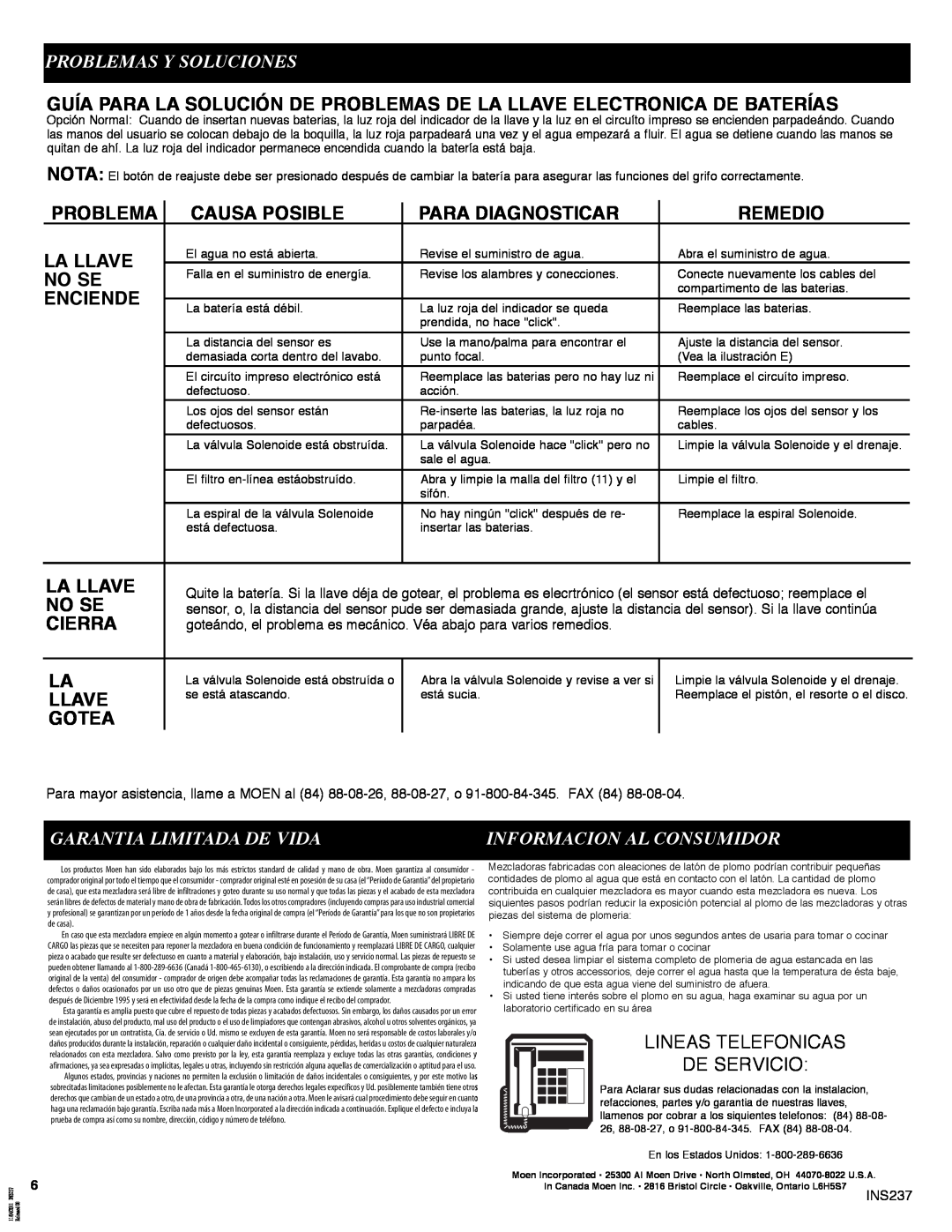 Moen 8301 manual Problemas Y Soluciones, Garantia Limitada De Vida, Lineas Telefonicas De Servicio 