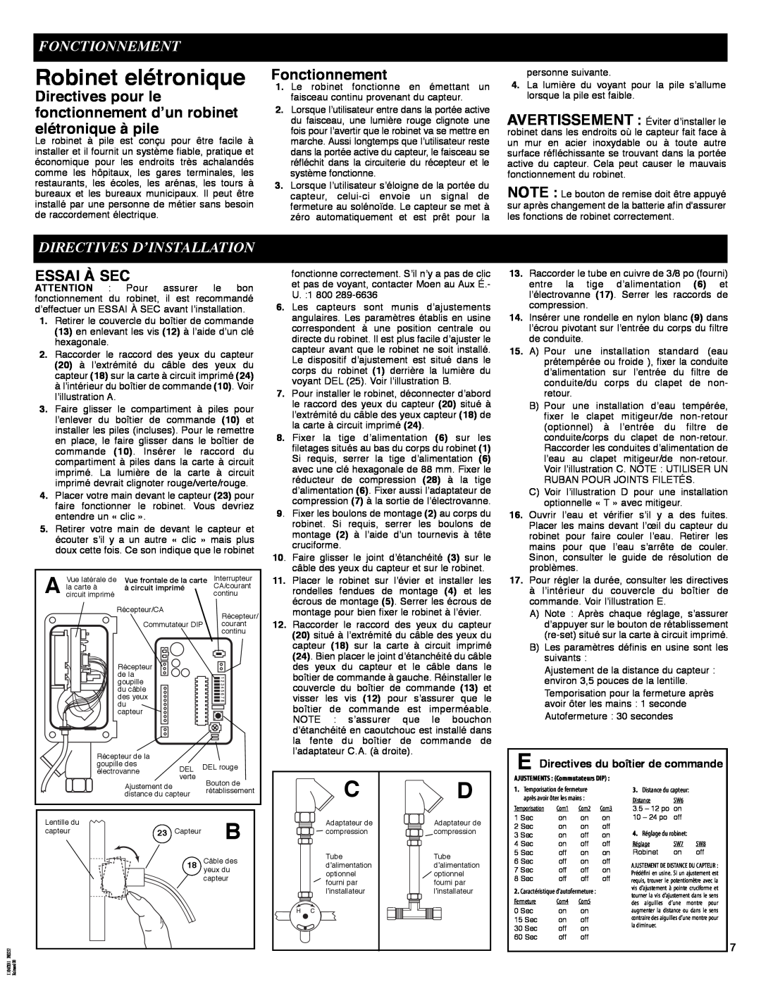 Moen 8301 manual Robinet elétronique, Fonctionnement, Directives D’Installation, Essai À Sec 