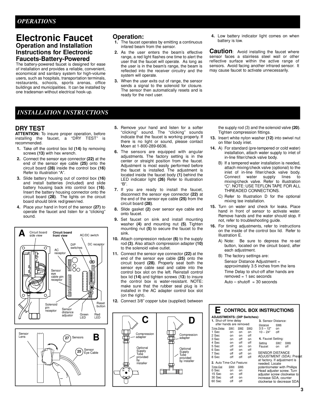 Moen 8302 manual Electronic Faucet, Operations, Installation Instructions, DRY Test 