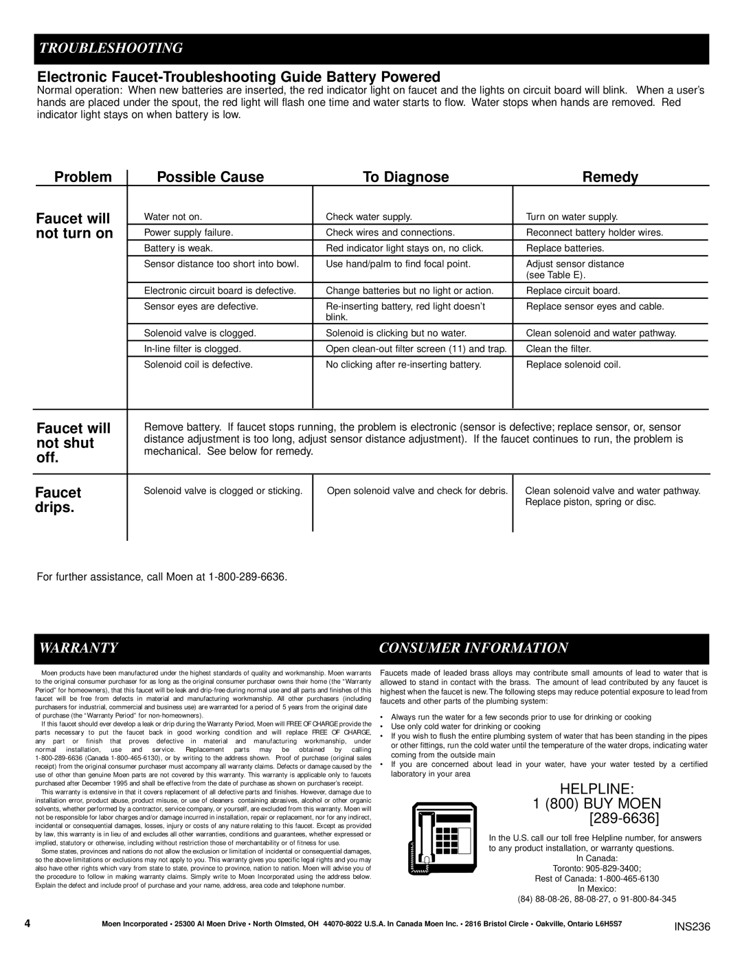 Moen 8302 Electronic Faucet-Troubleshooting Guide Battery Powered, Problem Possible Cause To Diagnose Remedy Faucet will 