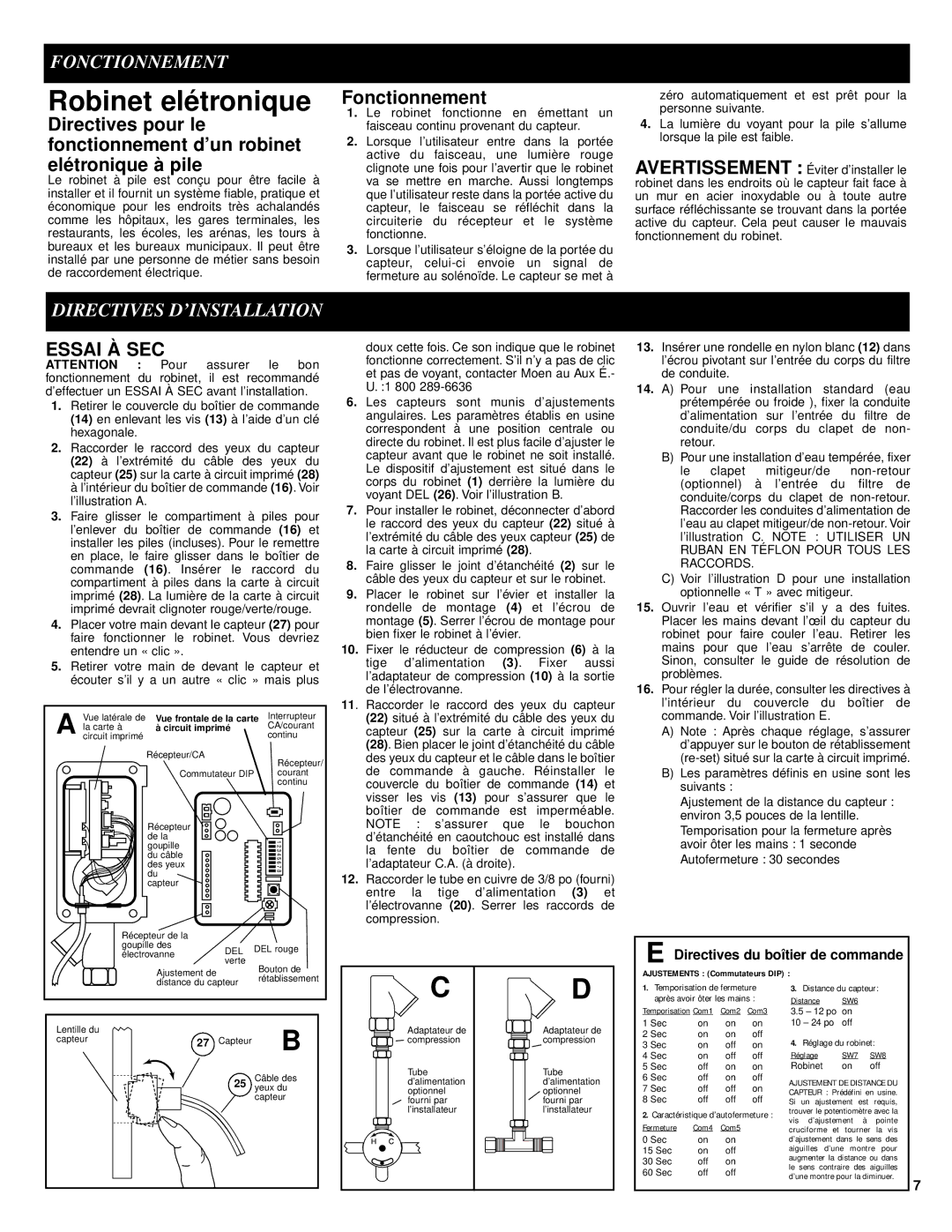 Moen 8302 manual Robinet elétronique, Fonctionnement, Directives D’INSTALLATION, Essai À SEC 