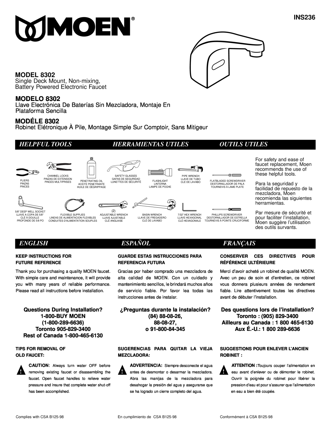 Moen 8302 manual Helpful Tools, Herramientas Utiles, Outils Utiles, English, Español, Français, Plataforma Sencilla 
