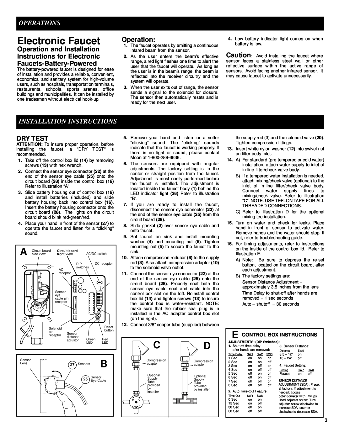 Moen 8302 manual Electronic Faucet, Operations, Installation Instructions, Dry Test 