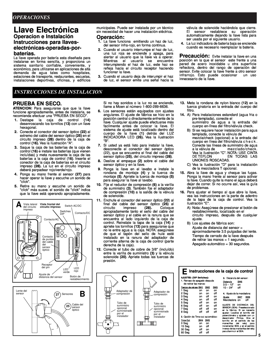 Moen 8302 manual Llave Electrónica, Operaciones, Instrucciones De Instalacion, Operación, Prueba En Seco 