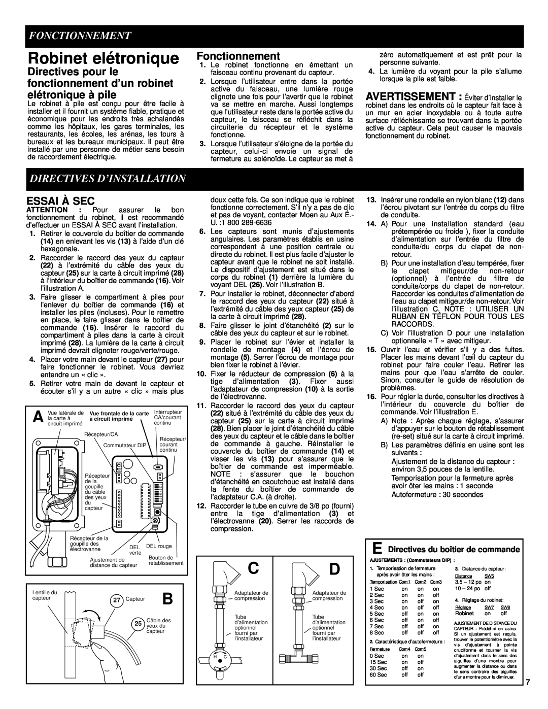 Moen 8302 manual Robinet elétronique, Fonctionnement, Directives D’Installation, Essai À Sec 