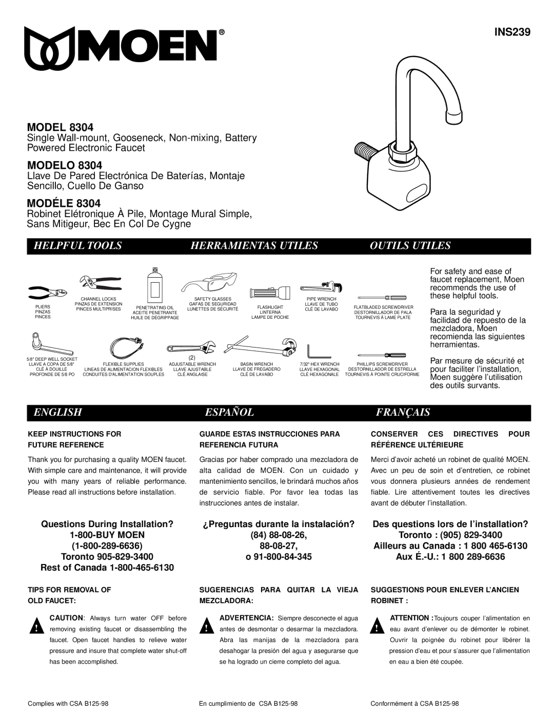 Moen 8304 manual INS239 Model, Modelo, Modéle, Helpful Tools Herramientas Utiles Outils Utiles, English Español Français 