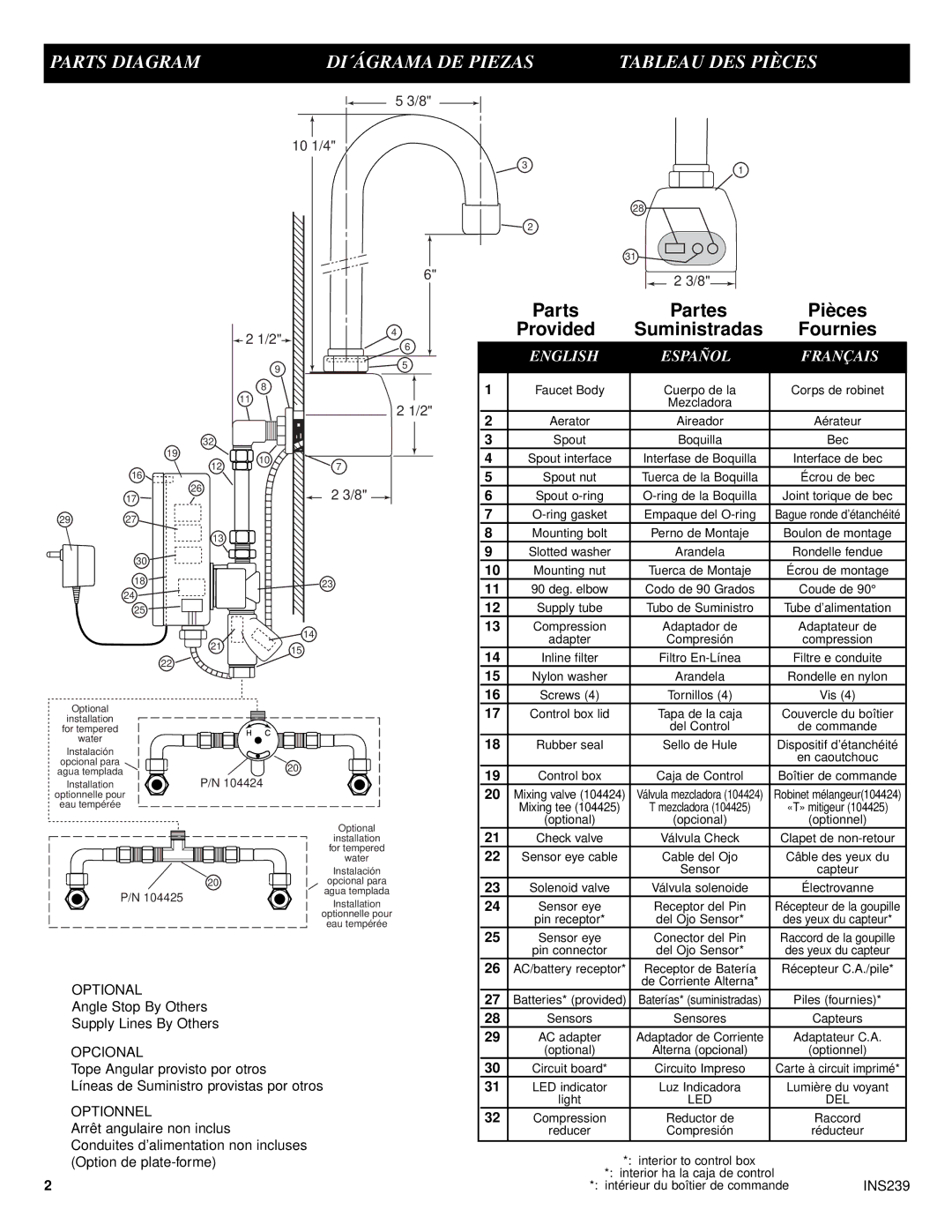 Moen 8304 manual Parts Diagram DI´ÁGRAMA DE Piezas Tableau DES Pièces, Suministradas Fournies 