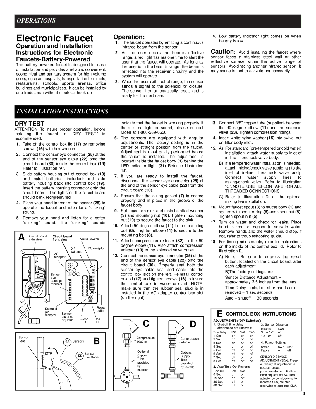 Moen 8304 manual Electronic Faucet, Operations, Installation Instructions, DRY Test 