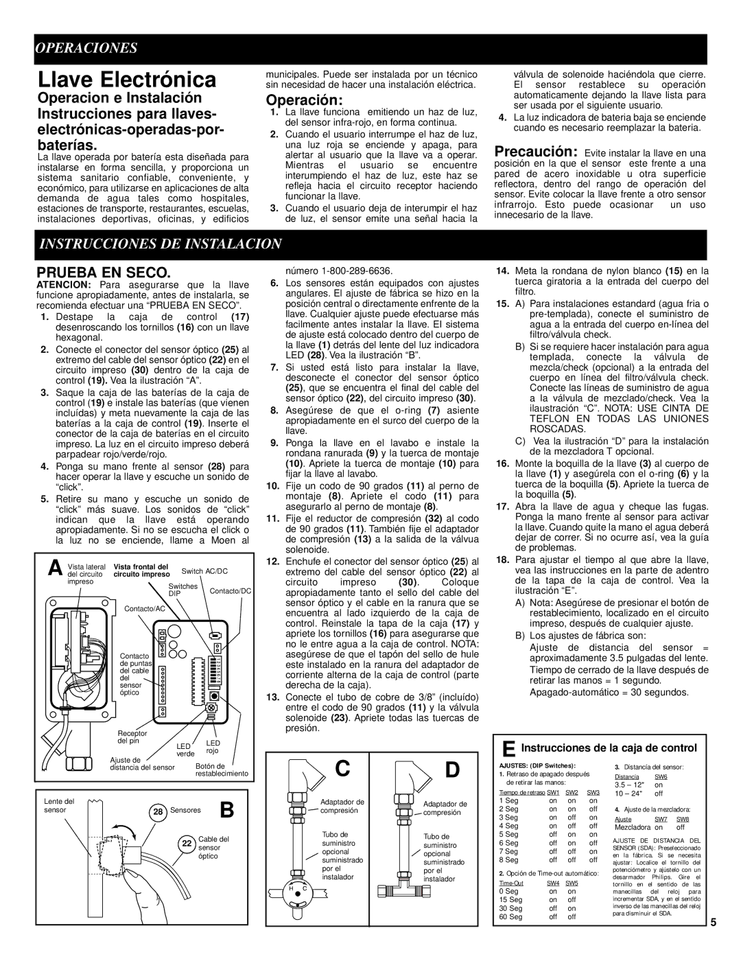 Moen 8304 manual Llave Electrónica, Operaciones, Operación, Instrucciones DE Instalacion, Prueba EN Seco 