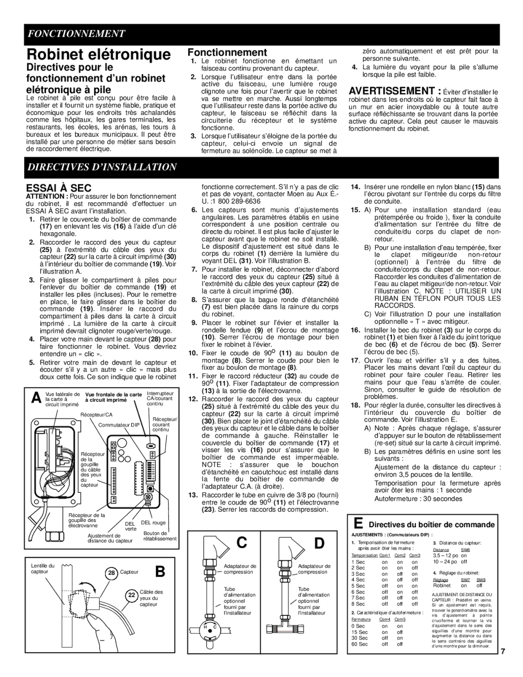 Moen 8304 manual Robinet elétronique, Fonctionnement, Directives D’INSTALLATION, Essai À SEC 