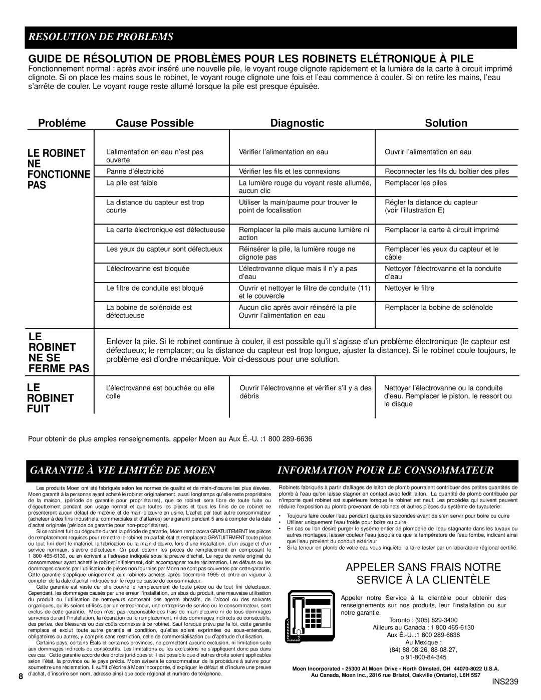 Moen 8304 manual LE Robinet, Pas, Ne Se, Ferme PAS, Fuit 