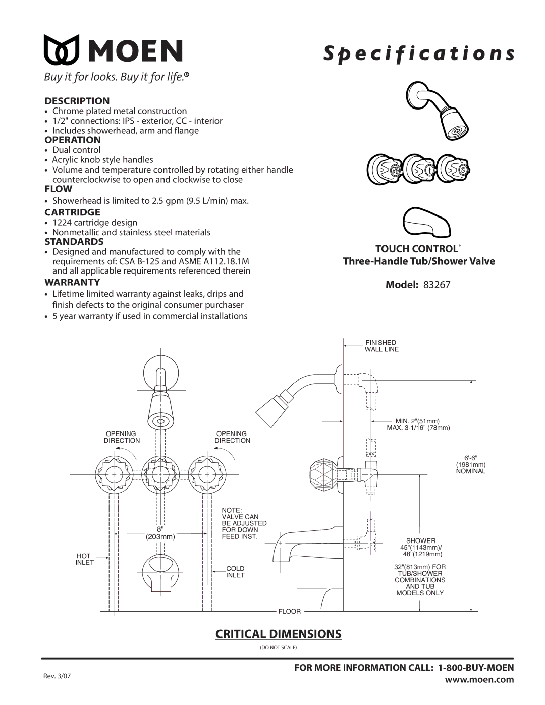 Moen 83267 specifications Specification s, Touch Control, Three-Handle Tub/Shower Valve, Model 