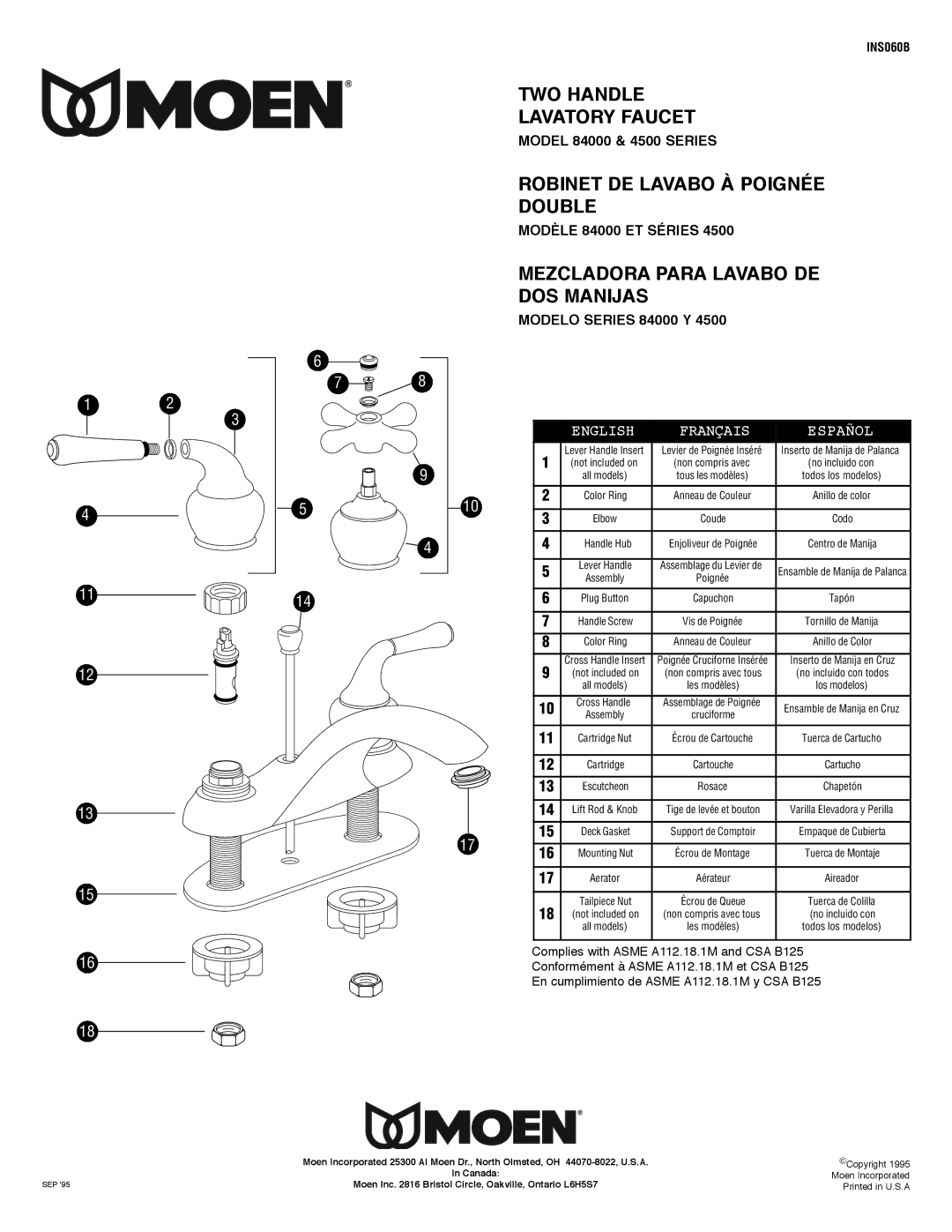 Moen 4500 manual TWO Handle Lavatory Faucet, Robinet DE Lavabo À Poignée Double, Mezcladora Para Lavabo DE DOS Manijas 