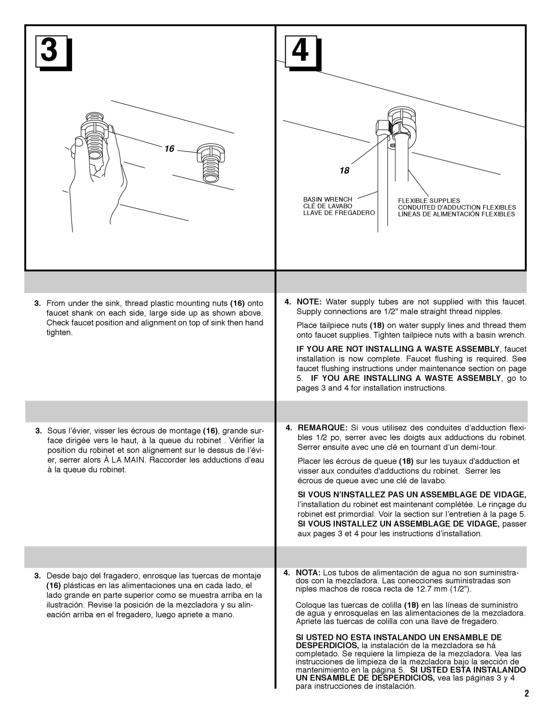 Moen 4500, 84000 manual SI Vous N’INSTALLEZ PAS UN Assemblage DE Vidage, SI Vous Installez UN Assemblage DE VIDAGE, passer 