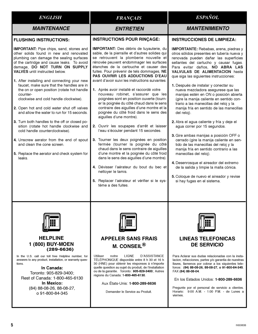 Moen 84000, 4500 manual Appeler Sans Frais Lineas Telefonicas, Conseil DE Servicio, PAS Ouvrir LES Adductions D’EAU 