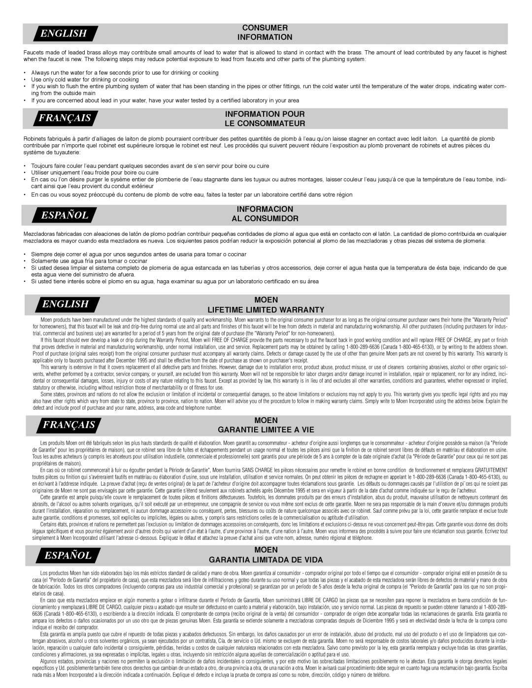 Moen 84000, 4500 manual Consumer Information, Information Pour, LE Consommateur, Informacion, AL Consumidor, Moen 