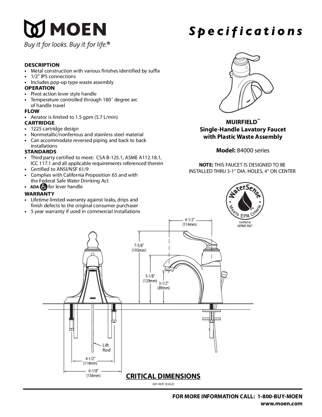 Moen 84000 Series specifications Specification s, Muirfield 