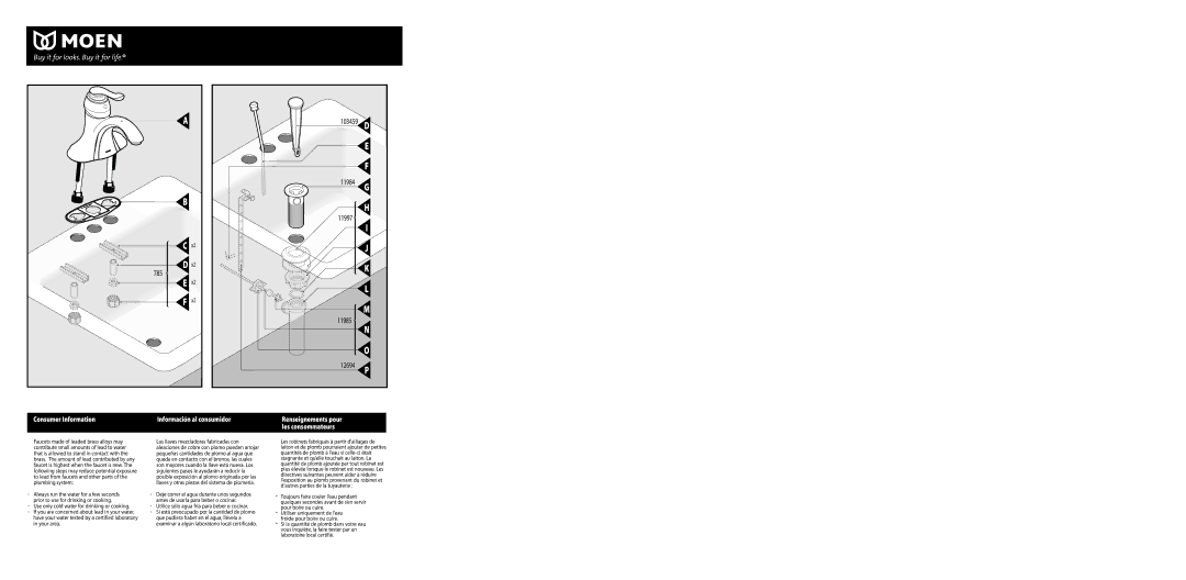 Moen 84000 warranty 11997 11985, Utilice sólo agua fría para beber o cocinar 
