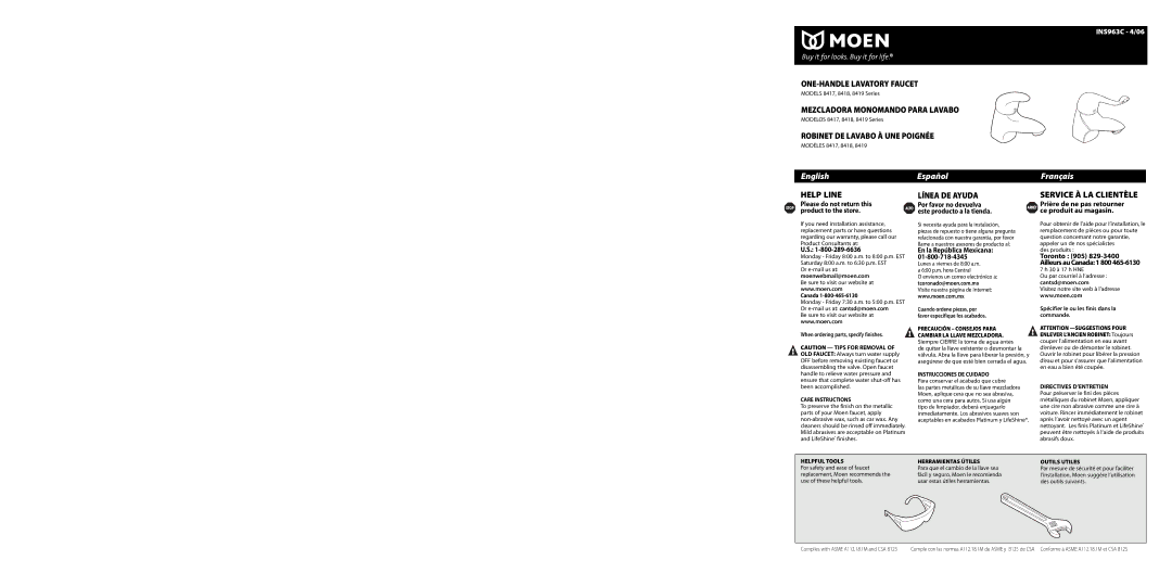 Moen 8418 warranty Care Instructions, Precaución Consejos Para, Instrucciones DE Cuidado, Helpful Tools, Outils Utiles 