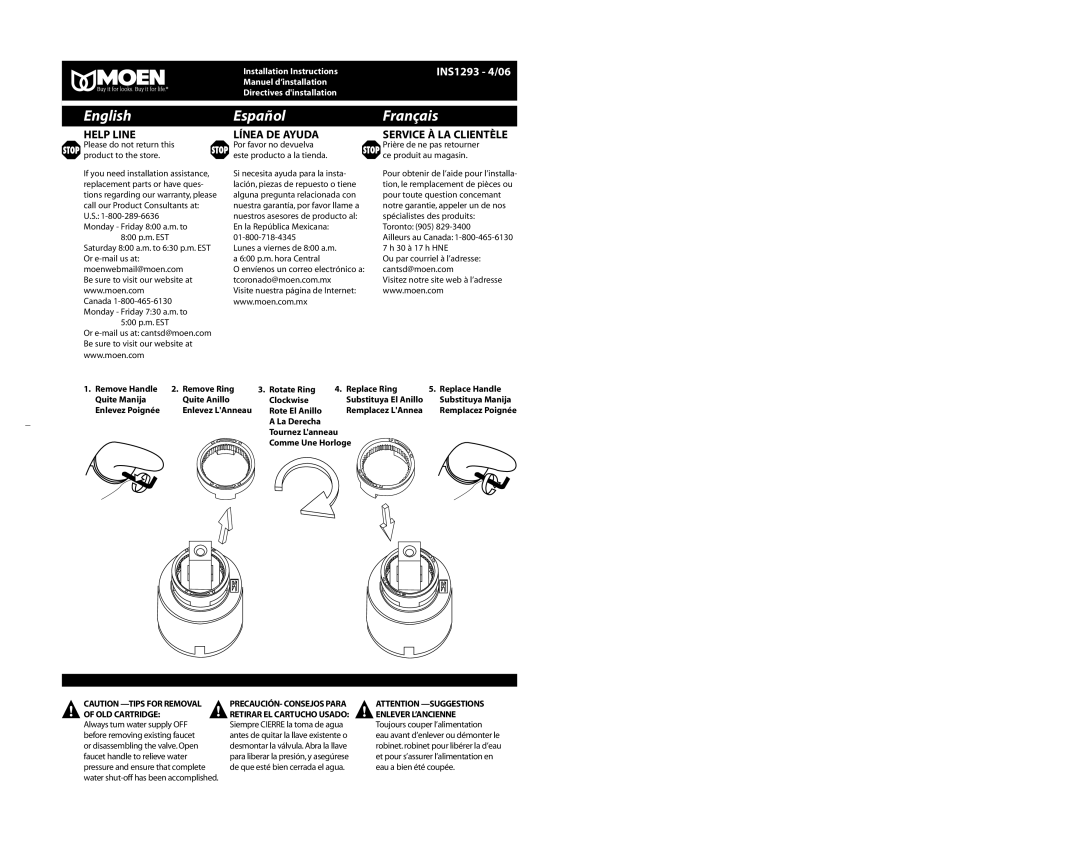 Moen 8418, 8419, 8417 warranty English Español Français, Service À LA Clientèle 