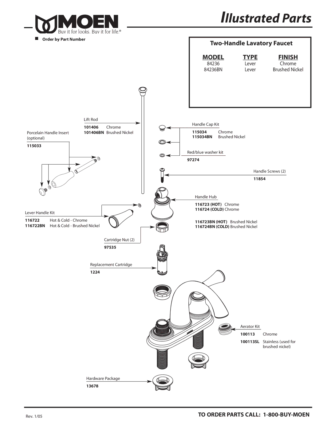 Moen 84236BN manual Illustrated Parts, Model, Type Finish 