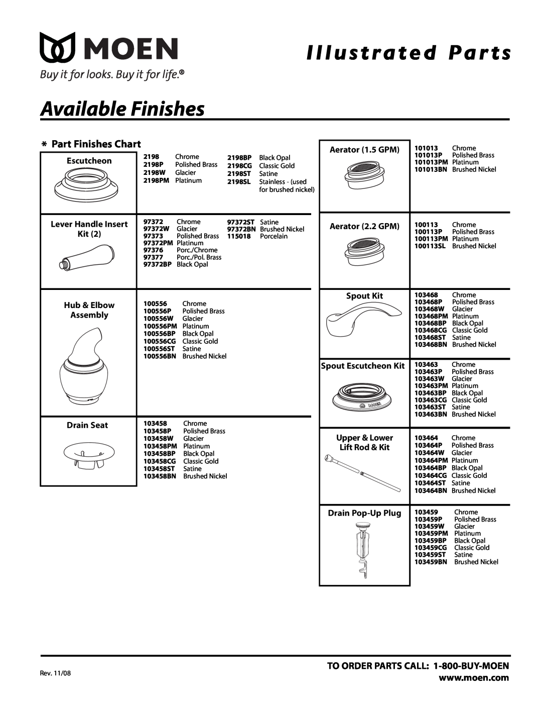 Moen 84246, 6600BN manual Part Finishes Chart, Drain Seat, Spout Escutcheon Kit, Illustrated Par ts, Available Finishes 