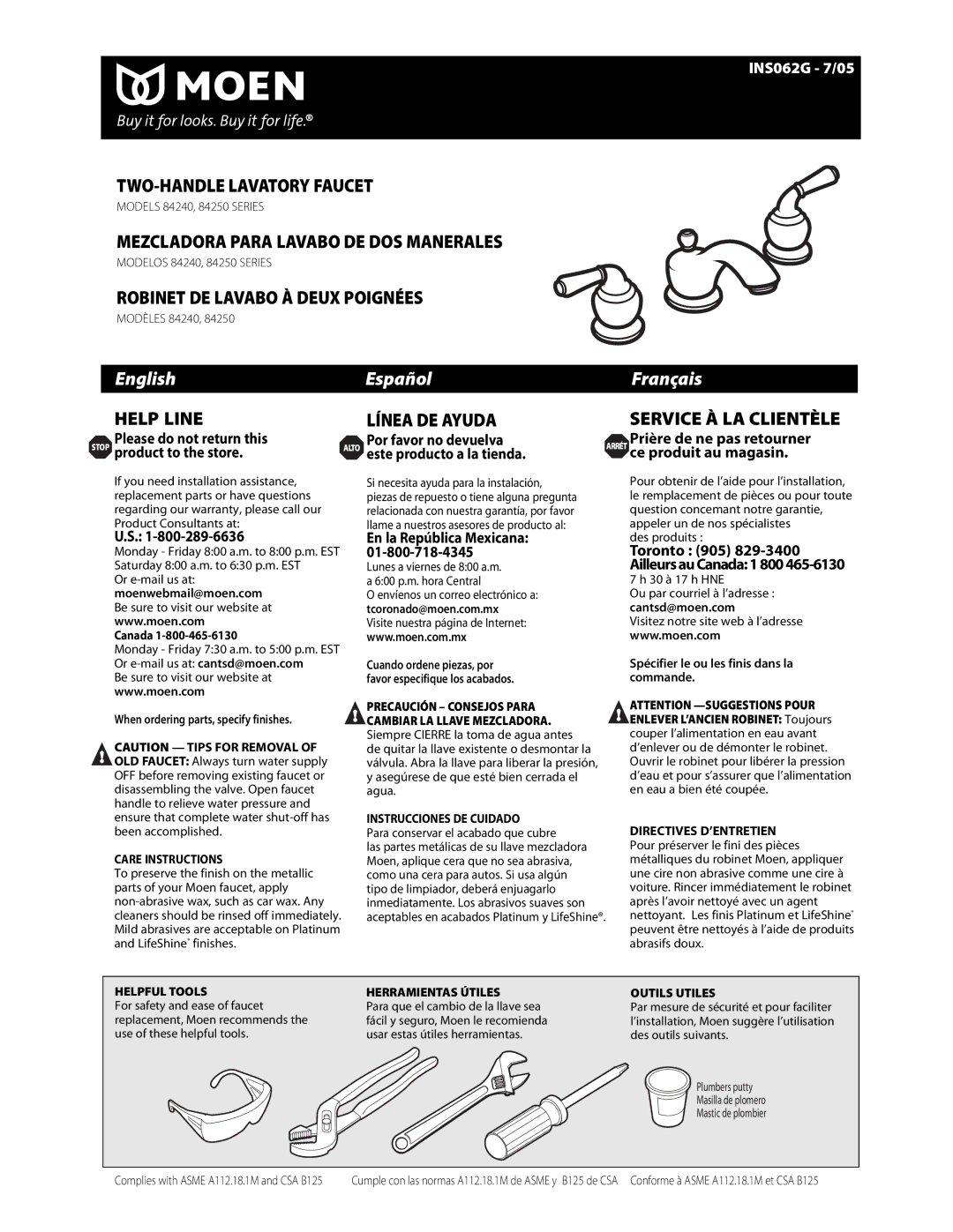 Moen 84240 SERIES, 84250 SERIES warranty Canada, En la República Mexicana 