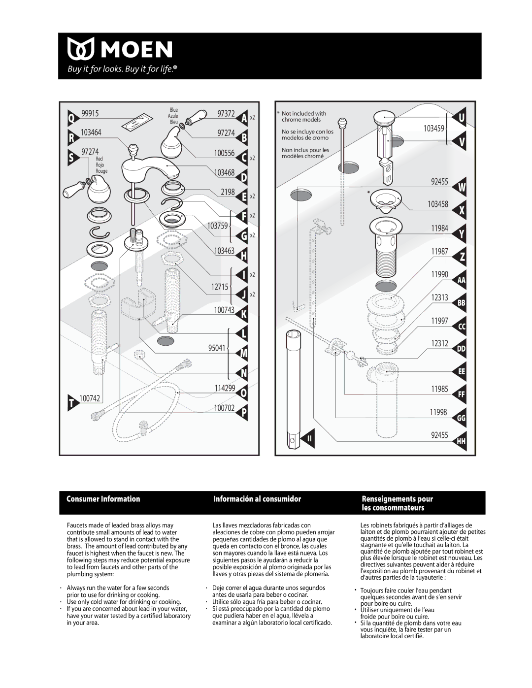Moen 84250 SERIES, 84240 SERIES warranty 114299 100702, Utilice sólo agua fría para beber o cocinar 