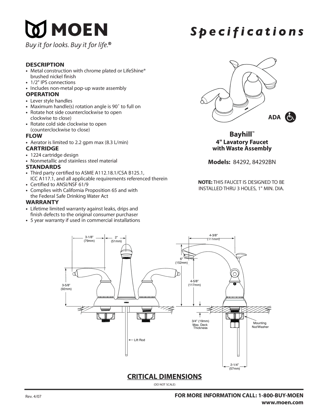 Moen specifications Specification s, Bayhill, Lavatory Faucet With Waste Assembly, Models 84292, 84292BN 