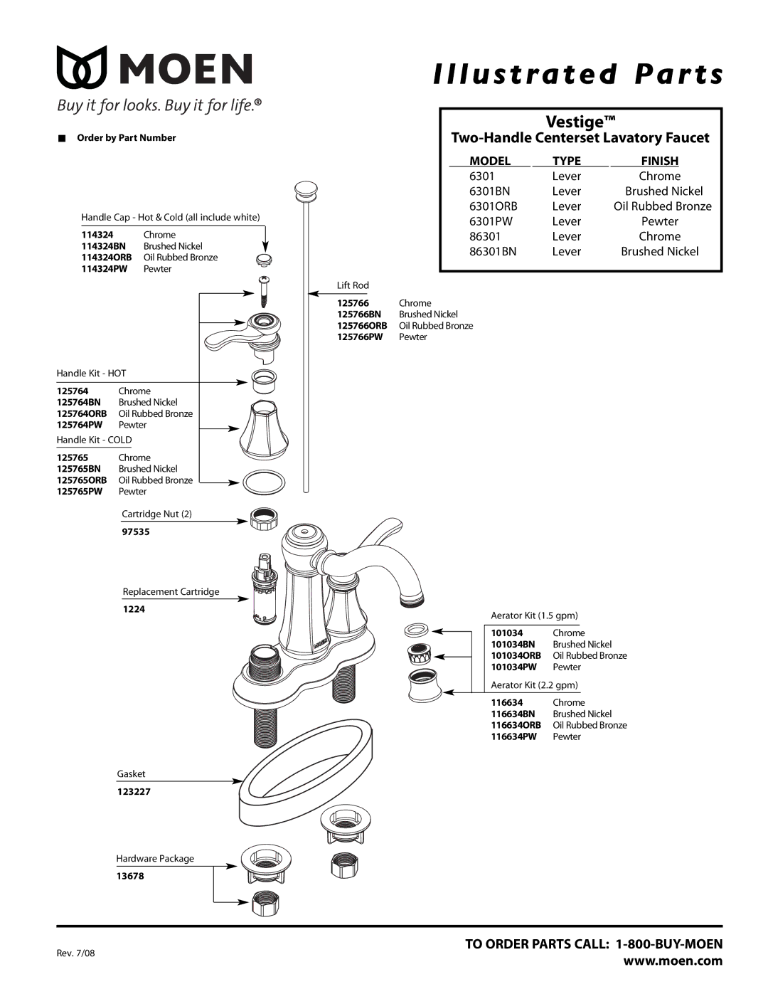 Moen 86301BN, 84301, 6301ORB, 6301PW manual Illustrated Par ts, Vestige, Two-Handle Centerset Lavatory Faucet, Model Type 