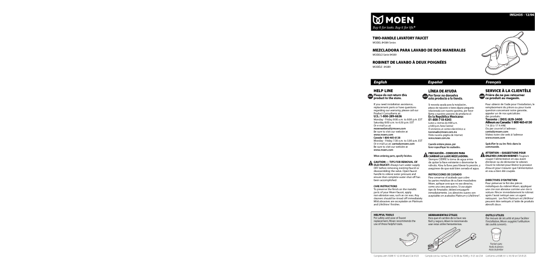 Moen 84389 Series warranty Care Instructions, Instrucciones DE Cuidado, Helpful Tools, Herramientas Útiles, Outils Utiles 