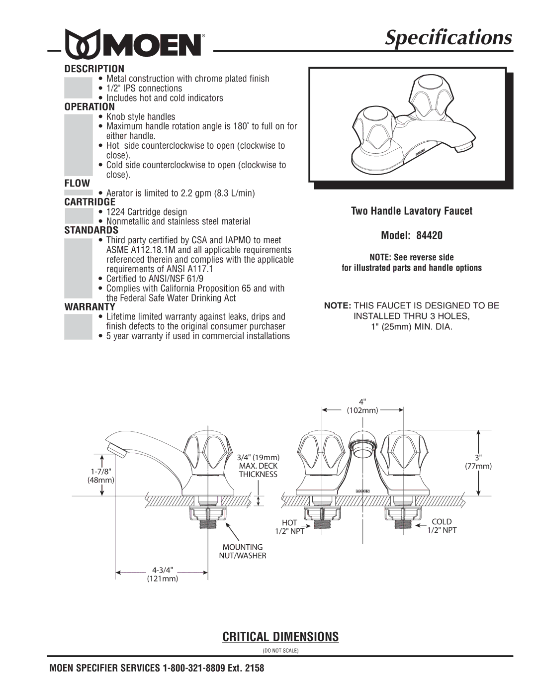 Moen 84420 specifications Specifications 