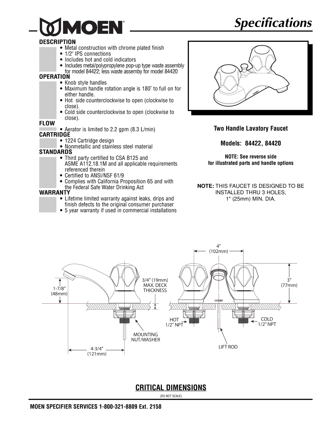 Moen specifications Specifications, Two Handle Lavatory Faucet Models 84422 