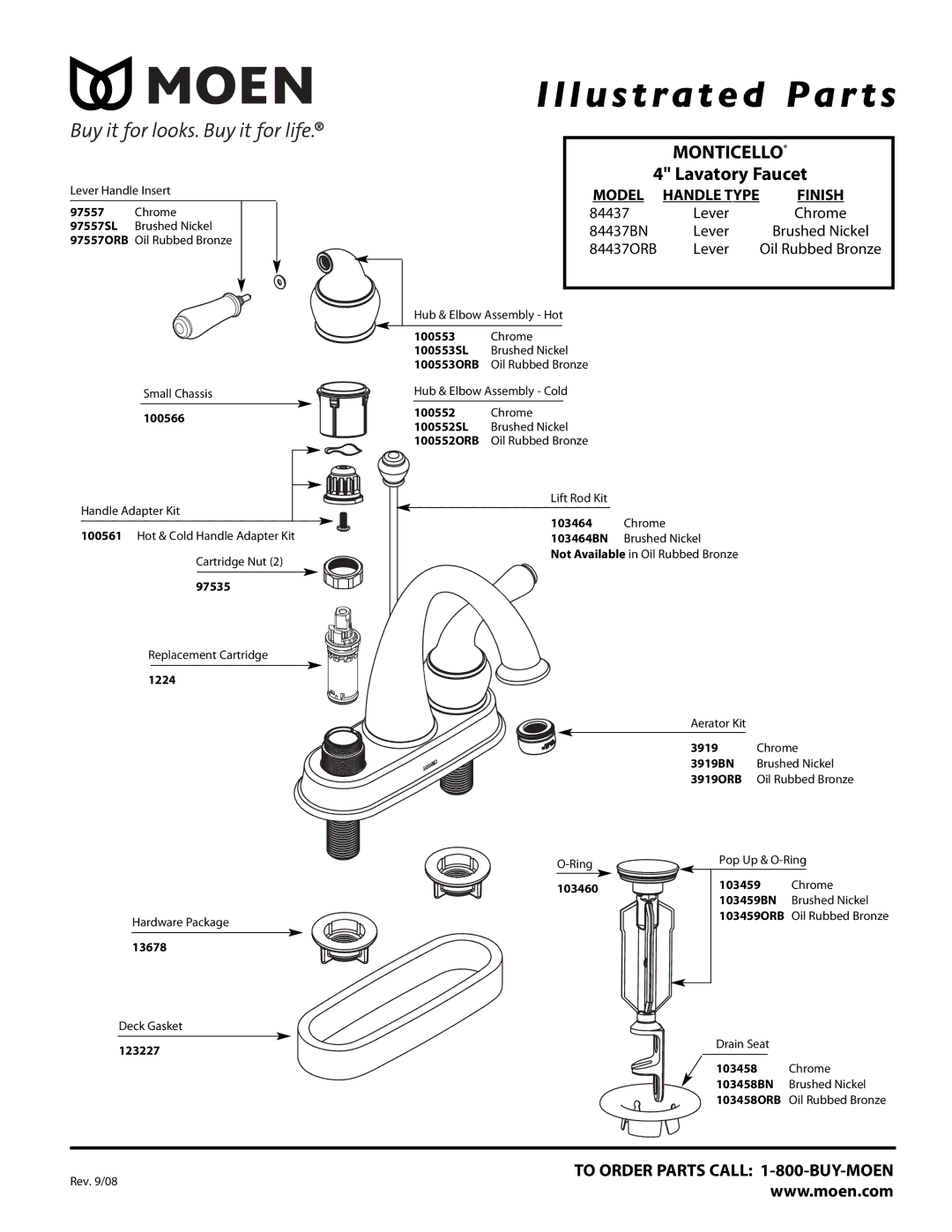 Moen 84437ORB manual Illustrated Par ts, Monticello, Lavatory Faucet, Model 