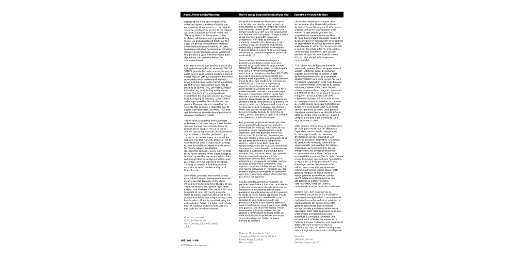 Moen 84438 Series warranty Moen Lifetime Limited Warranty, Garantie à vie limitée de Moen, INS1648 1/08 