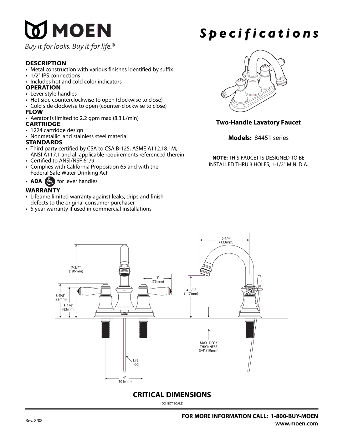 Moen 84451 Series warranty Specification s, Two-Handle Lavatory Faucet 