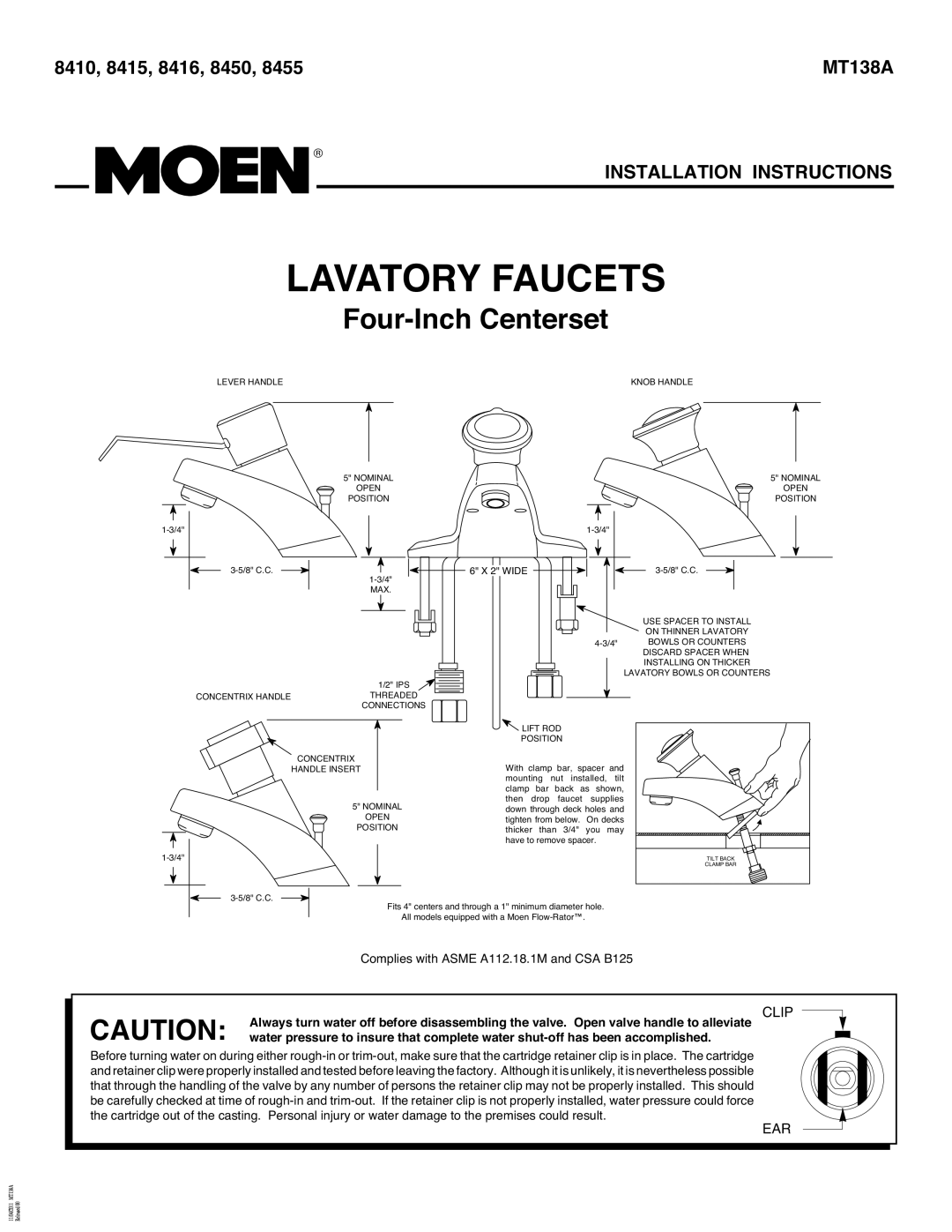 Moen 8455 installation instructions Four-Inch Centerset, 8410, 8415, 8416, 8450 MT138A 