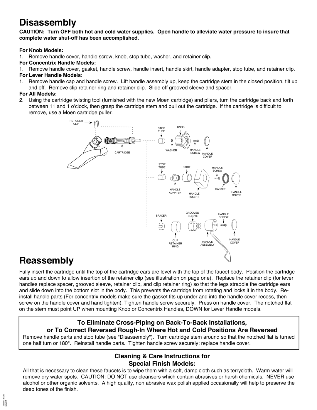 Moen 8416, 8450, 8410, 8455, 8415 Disassembly, Reassembly, Cleaning & Care Instructions for Special Finish Models 