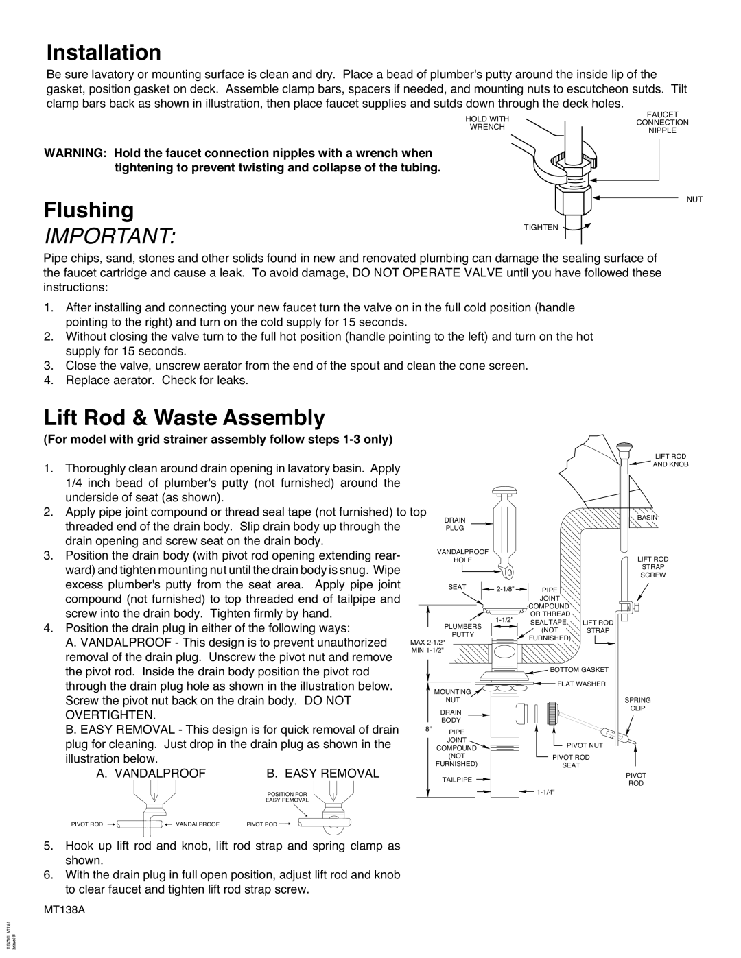 Moen 8455 Installation, Flushing, Lift Rod & Waste Assembly, For model with grid strainer assembly follow steps 1-3 only 