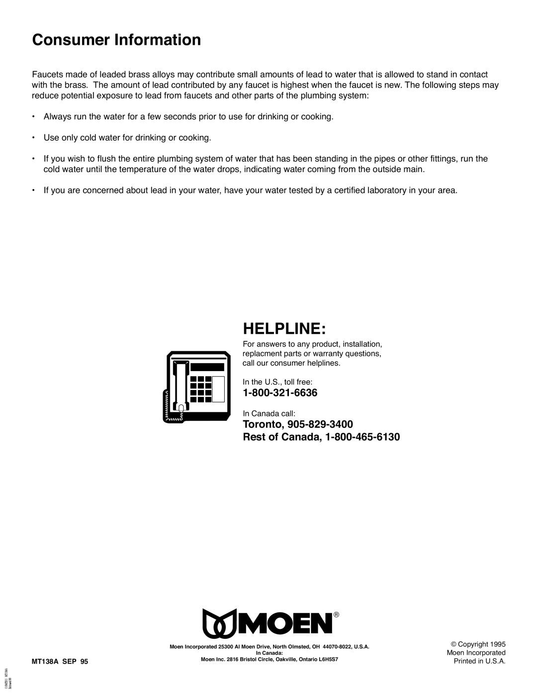 Moen 8415, 8450, 8410, 8455, 8416 installation instructions Consumer Information, Helpline, Toronto Rest of Canada 