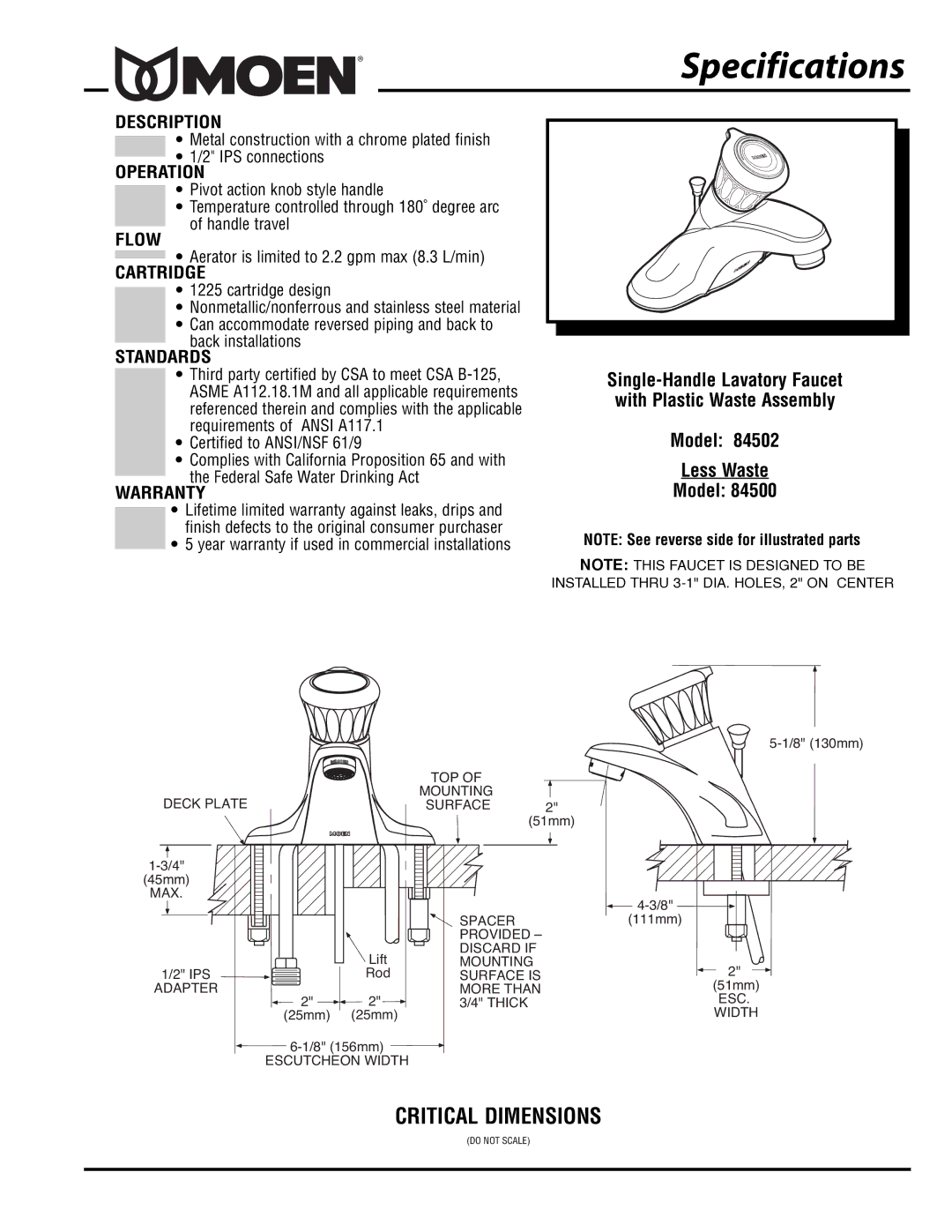 Moen 84502 specifications Specifications, Model Less Waste 