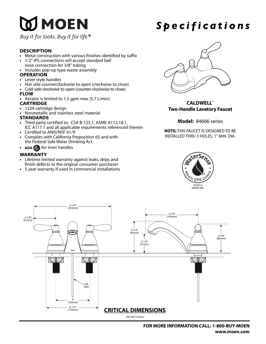 Moen 84666 Series specifications Specification s, Caldwell 