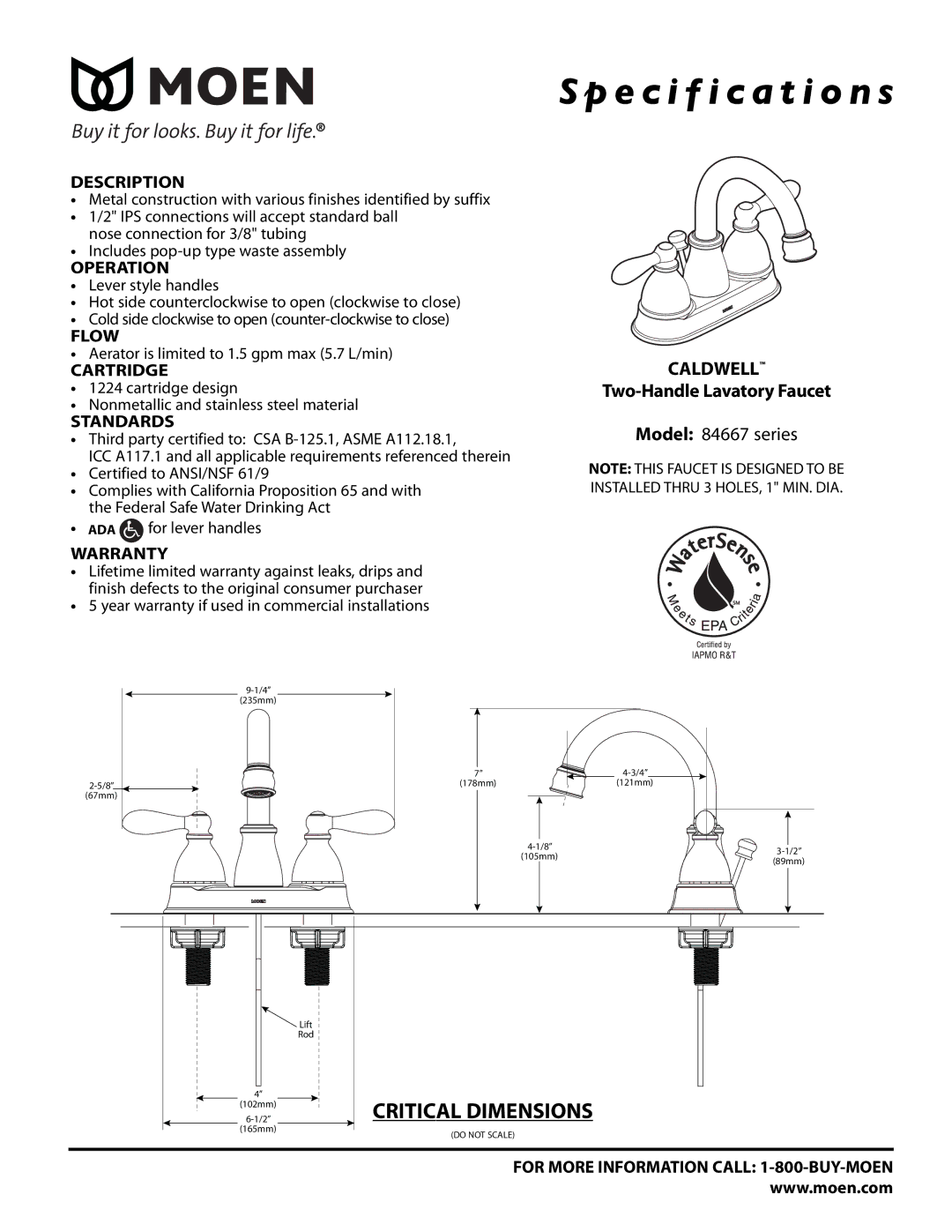 Moen 84667 Series specifications Specification s, Caldwell 