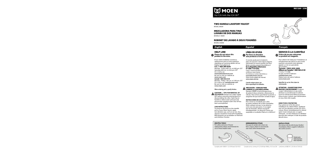 Moen 84690 warranty Canada, When ordering parts, specify finishes, En la República Mexicana 