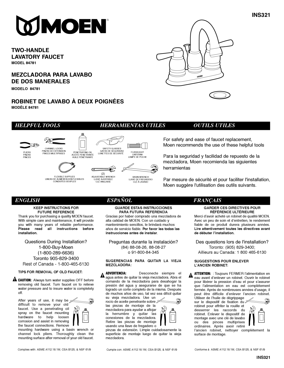 Moen 84781 manual Helpful Tools, Herramientas Utiles, Outils Utiles, Español, Français, English, INS321, Modelo 