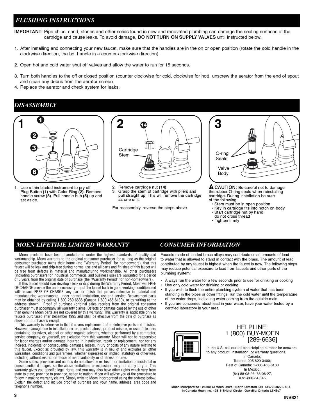 Moen 84781 manual Flushing Instructions, Disassembly, Moen Lifetime Limited Warranty, Consumer Information, INS321 
