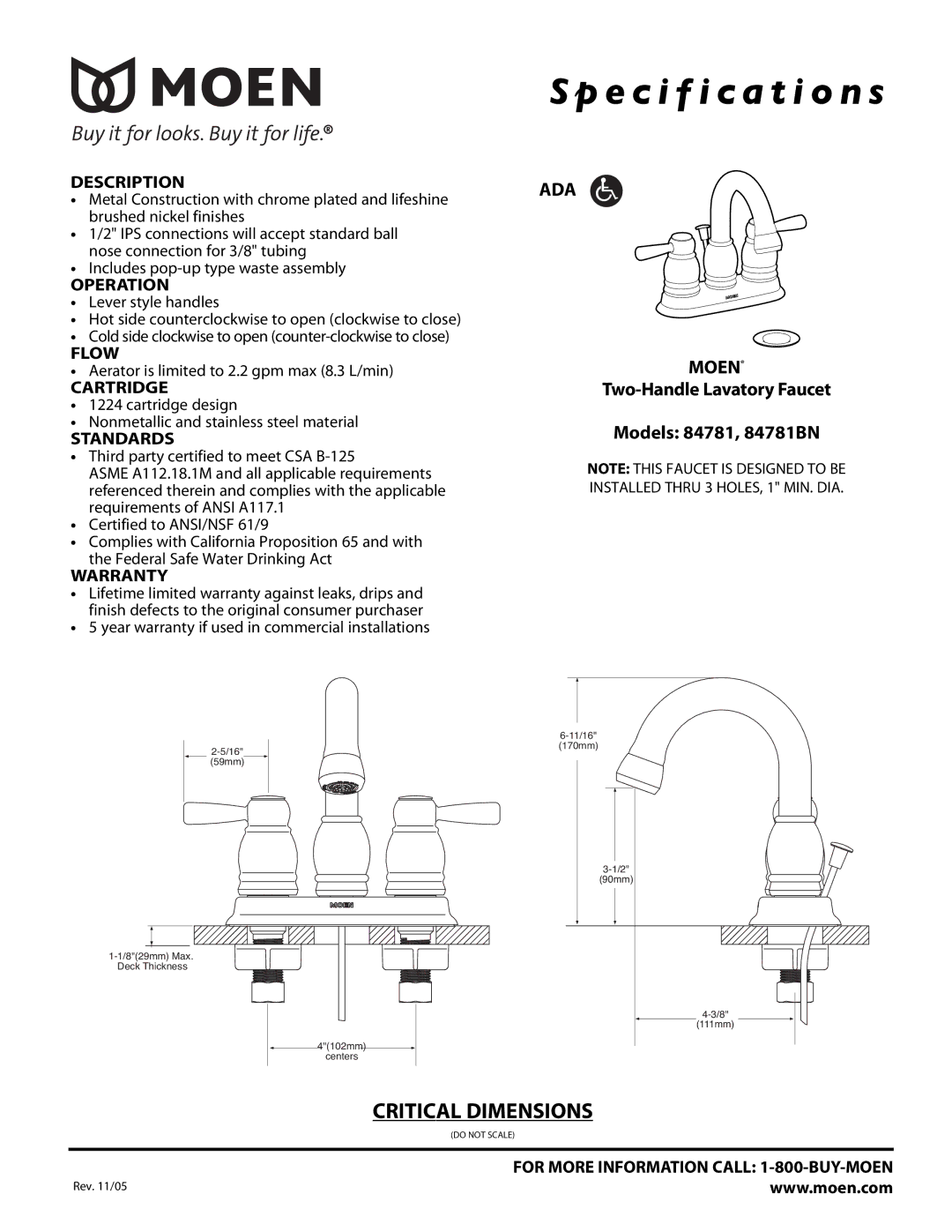 Moen specifications Specification s, ADA Moen, Two-Handle Lavatory Faucet Models 84781, 84781BN 