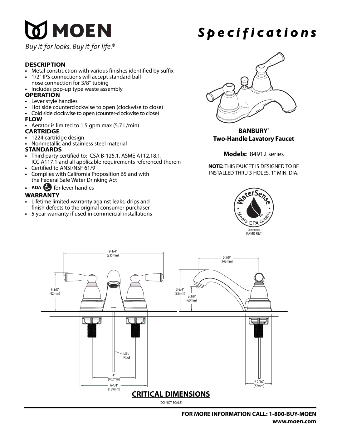 Moen 84912 Series specifications Specification s, Banbury 