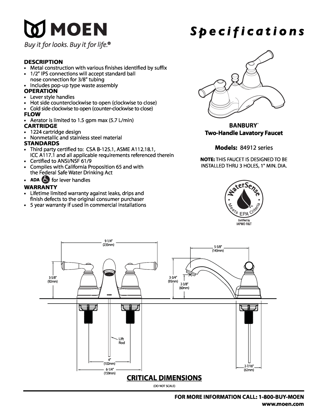Moen 84912 Series specifications S p e c i f i c a t i o n s, Critical Dimensions, BANBURY Two-Handle Lavatory Faucet 